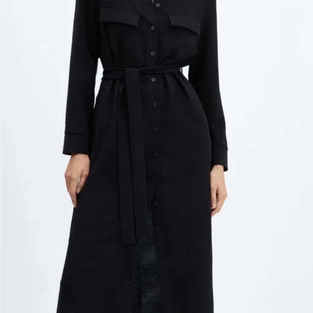 Mango Black Button-Front Shirt Dress with Waist Tie